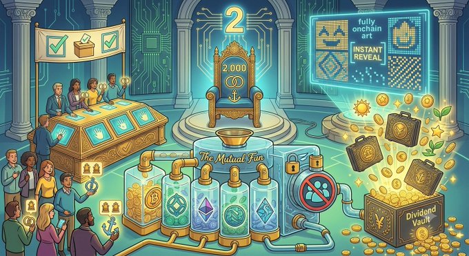 A colorful digital illustration featuring a 'Mutual Fun' game show theme with a throne displaying '2,000', locked treasure chests, a crowd, and text mentioning 'fully onchain art' and 'INSTANT REVEAL'.