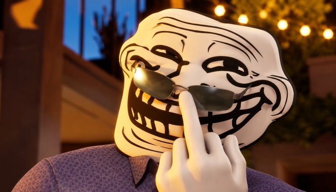 A 3D-rendered troll face meme character wearing sunglasses and a purple patterned shirt, giving the middle finger with a nighttime outdoor background featuring string lights.