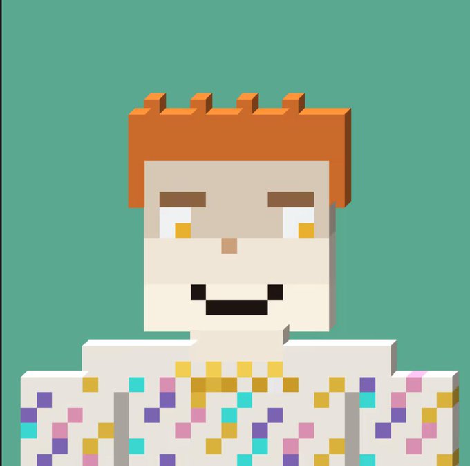 A pixel art illustration of a character with orange hair, golden eyes, and a toothy grin, wearing a white outfit with colorful pixelated patterns on a teal background.