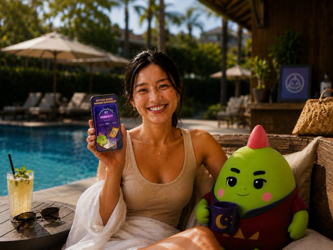 A smiling woman at a tropical poolside setting holds up a phone displaying a 'BETTER SLEEP' app called 'PERFECT' next to a green pear-like mascot character holding a purple mug