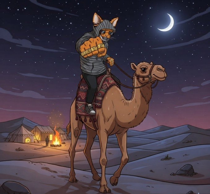 An anthropomorphic cat in a hoodie and gold chains rides a camel through a desert under a crescent moon and starry sky, with desert tents and a campfire visible in the background, evoking the bold, larger-than-life persona suggested by the post's hype-filled message.
