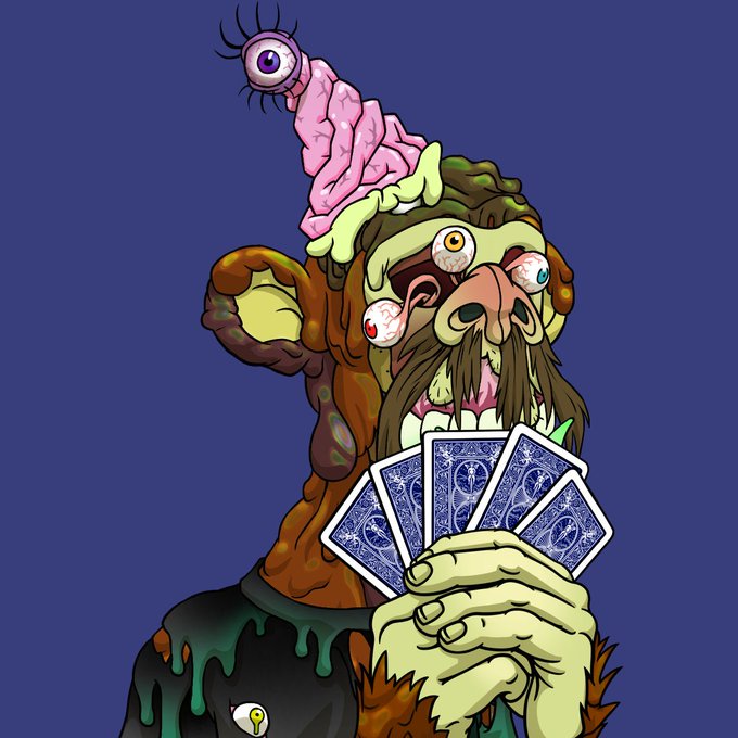 A colorful cartoon illustration of a grotesque, multi-eyed character holding a fan of playing cards, with an eyeball-topped brain exposed on top of its head.