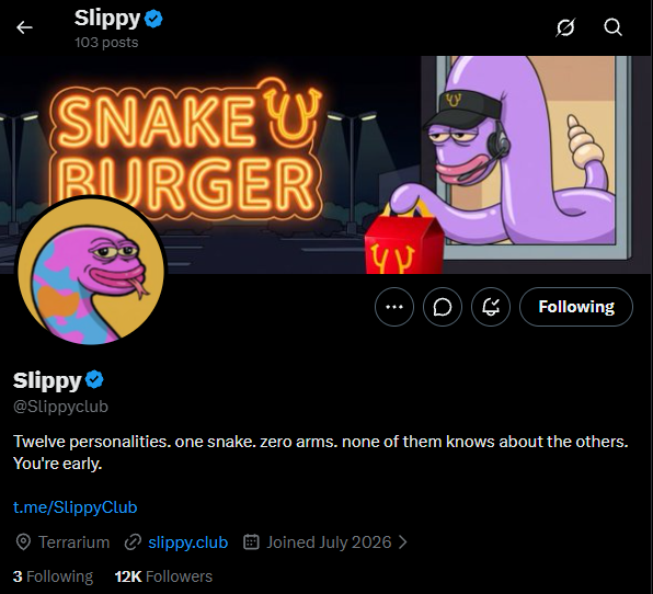 A Twitter/X profile page for 'Slippy' (@Slippyclub) with 12K followers, featuring a purple snake mascot at 'SNAKEY BURGER' with the bio 'Twelve personalities, one snake, zero arms.'