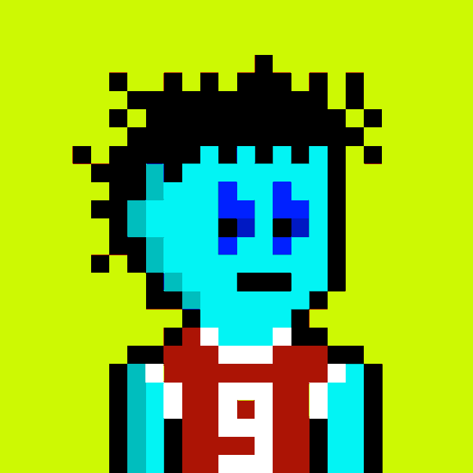 A pixel art illustration of a blue-skinned character with black messy hair, wearing a red basketball jersey with the number 9, set against a lime green background.