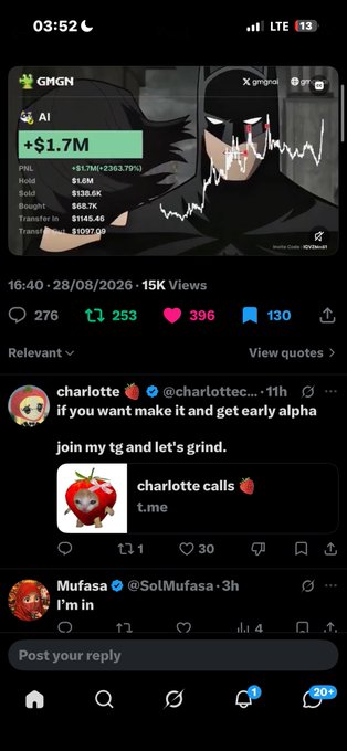 A mobile screenshot of the GMGN app showing an AI token profile with $1.7M market cap and 2303.79% gains, featuring an anime-style avatar and social media engagement metrics below.