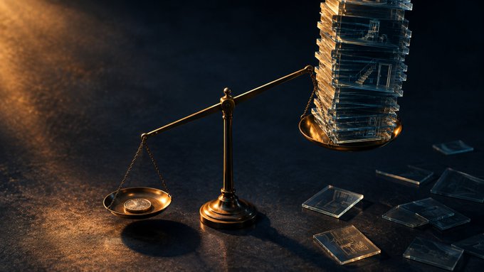 A bronze scale of justice sits on a dark surface, with a stack of clear plastic cassettes balanced on one side and a few coins on the other, alongside scattered cassettes representing a balance of evidence.