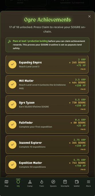A mobile app screenshot showing 'Ogre Achievements' with 17 of 18 unlocked, listing rewards including 'Expanding Empire' (2 XRP/266 $OGRE), 'Mill Master' (3.5 XRP/464 $OGRE), 'Ogre Tycoon' (5.5 XRP/730 $OGRE), 'Pathfinder', 'Seasoned Explorer', and 'Expedition Master', all marked as PAID.