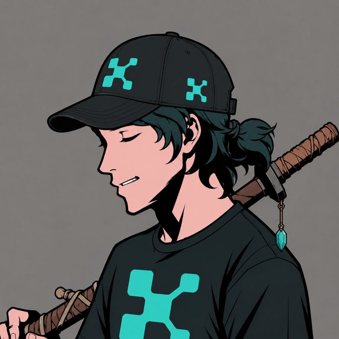 An anime-style character wearing a black cap and t-shirt both featuring a teal logo, carrying a wrapped sword on their back with a small crystal pendant.