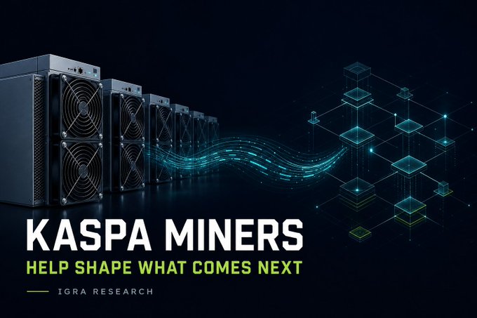 The image shows a lineup of ASIC mining hardware alongside a glowing blockchain network graphic, with the text "KASPA MINERS — HELP SHAPE WHAT COMES NEXT" and "IGRA RESEARCH" branding. The visual ties to the post by presenting Kaspa's mining infrastructure in a polished, promotional way while Igra Labs (Igra Research) seeks to connect with multi-ASIC operators to develop financial products around $KAS mining rewards.