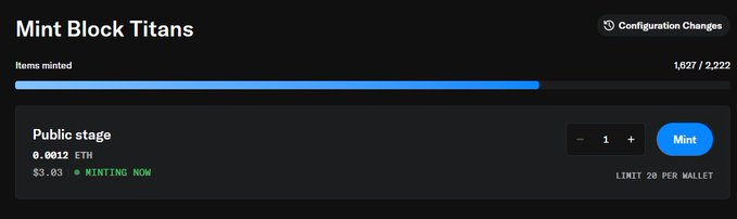 A "Mint Block Titans" minting progress bar shows 1,621 of 2,222 items minted (over 69%) at 0.0012 ETH (~$3.03) per mint during the public stage, visually confirming the milestone referenced in the post about surpassing 69% completion.