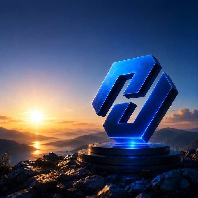 A glowing blue hexagonal emblem rests on a tiered pedestal atop a mountain at sunrise, symbolizing the steady ascent of "GM" contributors toward the upcoming HCOW airdrop—Week 16.