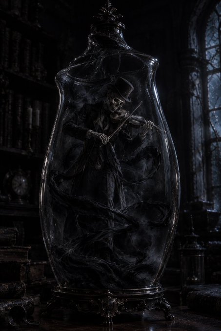 A dark, gothic-style digital artwork depicting a skeletal figure in a top hat playing a violin while trapped inside a glass cloche jar, set in a dimly lit, shadowy library.