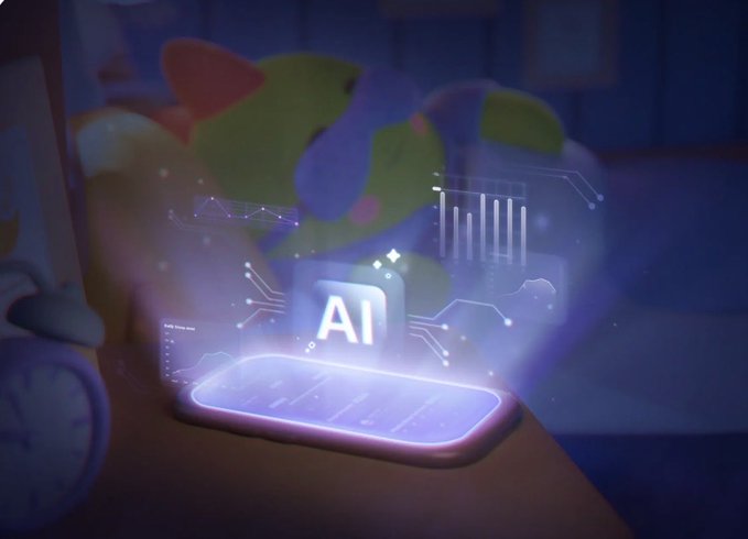 A stylized illustration shows a smartphone emitting a holographic display labeled 'AI' with data visualizations and charts hovering above it, set against a dark, blurred background.