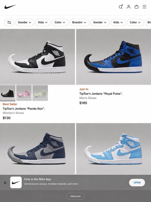 A mobile screenshot of the Nike website showing a product page for "TipToe'n Jordans 'Royal Pulse'" men's shoes priced at $185, with another listing for "TipToe'n Jordans 'Panda Noir'" women's shoes at $130.