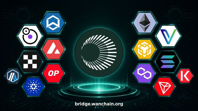 Promotional graphic for bridge.wanchain.org displaying the Wanchain logo surrounded by hexagonal icons of various supported blockchain networks.