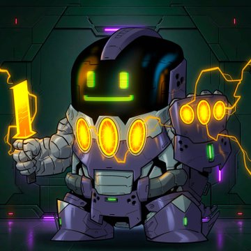 A cartoonish purple and black robot character with glowing green eyes and yellow energy rings holds a yellow lightning bolt gun.
