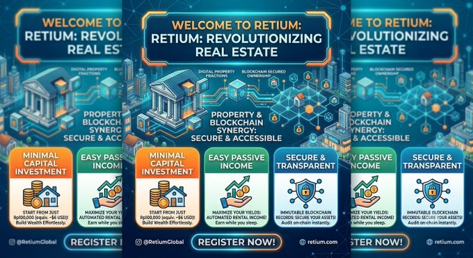 Promotional materials for 'Retium: Revolutionizing Real Estate' advertising blockchain-secured property, minimal capital investment starting from $100, and easy passive income at @RetiumGlobal.
