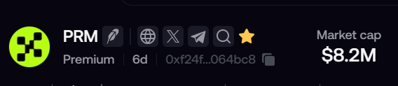 A profile header for the $PRM token shows a Premium tier badge, a 6-day account age, the contract address starting with "0xf24f...064bc8", and a market cap of $8.2M, visually supporting the post's claim about the token hitting back-to-back all-time highs with smart money continuing to accumulate rather than sell.