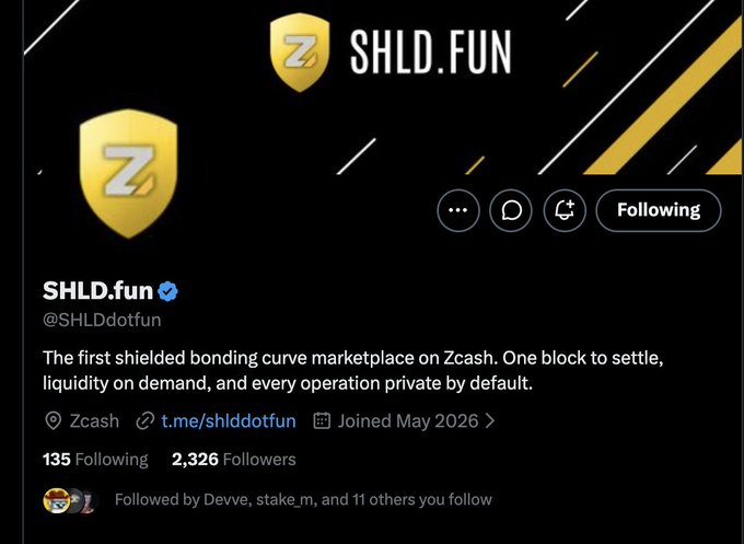 A Twitter/X profile page for @SHLDdotfun, which describes itself as "The first shielded bonding curve marketplace on Zcash," showing 135 Following and 2,326 Followers, joined May 2026. The profile directly relates to the accompanying post's inquiry about a Zcash-based bonding curve token marketplace, which aligns with the account's stated purpose of providing such a platform on Zcash.