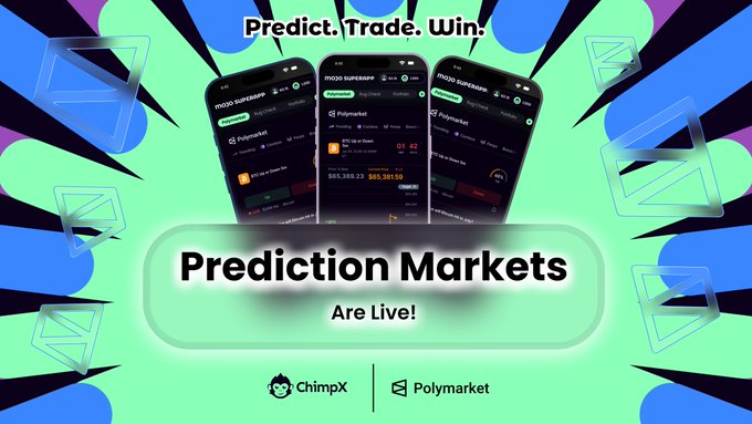 Prediction Markets are live on ChimpX, with Polymarket integrated into the SuperApp for seamless prediction placing. The image visually advertises this new feature, showcasing smartphone interfaces displaying the prediction market functionality.