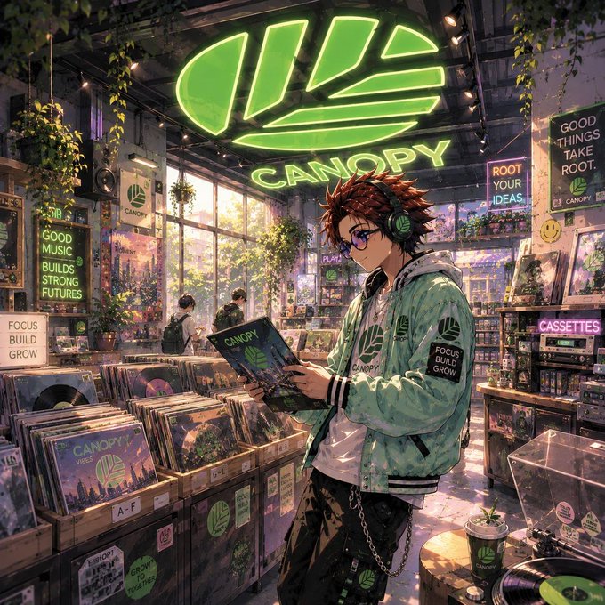 In a vibrant, plant‑filled record shop, a young person wearing a green “CANOPY” jacket examines a vinyl under a glowing neon “CANOPY” logo, surrounded by signs that read “FOCUS BUILD GROW” and “GOOD MUSIC BUILDS STRONG FUTURES.” The scene mirrors the $8.5M raise from @CNPYNetwork, highlighting its goal to simplify sovereign chain launches.