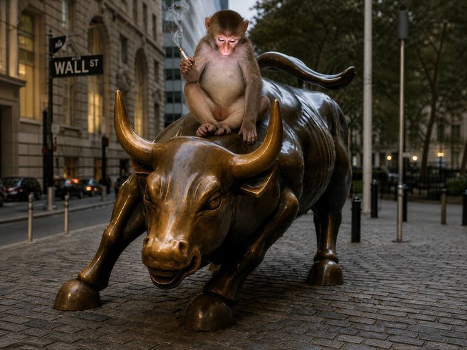 A small monkey sits atop the iconic Wall Street Charging Bull statue, holding a lit cigarette, with a "WALL ST" sign visible in the background. The image serves as a playful metaphor for the speculative, high-risk nature of micro-cap memecoin and NFT projects, suggesting that traders are gambling like reckless primates riding an unpredictable market beast.