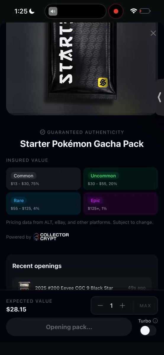 The image is of an iPhone's screen, which displays the website for a Pokemon Gacha Pack being sold by Shippable. The main feature shown is the Start button at the top of the image, indicating that the product has been recently purchased or is about to be purchased. Below this, there are several options on the web page providing details about the product, such as the price and shipping cost information. The text in the image suggests that the user should check out the new release pack immediately because it offers a limited time discount of "RIP Week" (Rip Week ends on Friday).