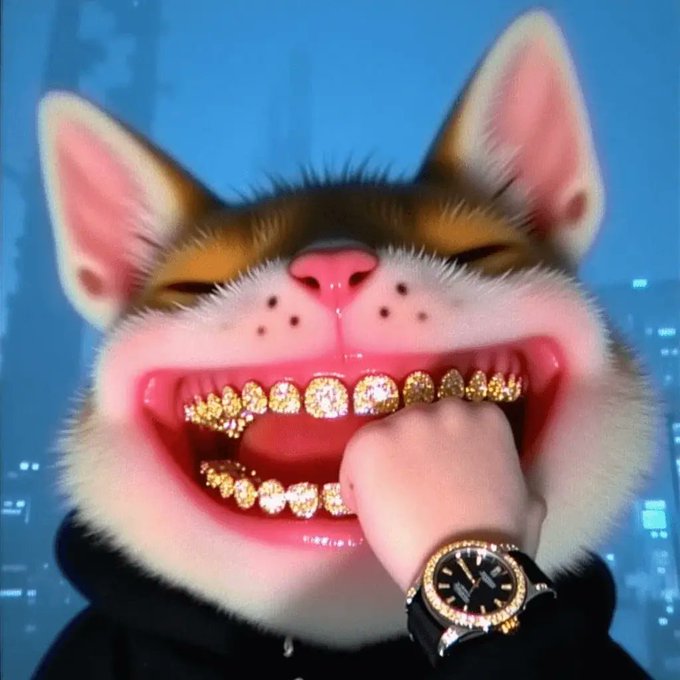 A stylized digital illustration of a cat with eyes closed, featuring gold teeth grills and a hand wearing a luxury watch raised to its mouth, set against a blurred cityscape.