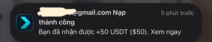 A mobile notification in Vietnamese shows a successful transaction ('Nạp thành công') confirming receipt of +50 USDT ($50) on a payment app.