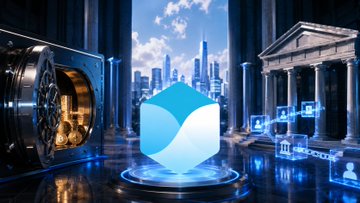 A digital composite image showing a blue shield-like icon in the center, flanked by a large bank vault door on the left and a classical bank building with columns on the right, set against a modern city skyline.
