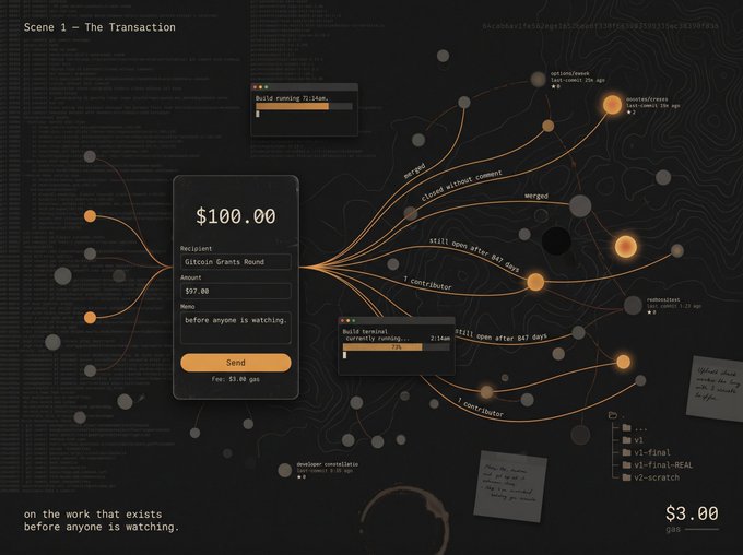 The image features a graph-like visual representation of transactions on a black background, with various icons representing different aspects such as donating money or paying for something. The main focus of the image is an AI agent that was given $100 by another AI agent who donated $97.
