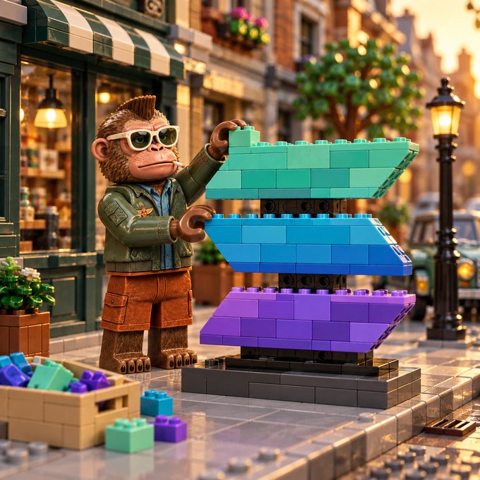 A stylized 3D-rendered scene of a monkey figurine wearing sunglasses and a green jacket placing the top teal brick on a stacked structure of teal, blue, and purple LEGO-like bricks on a city street.