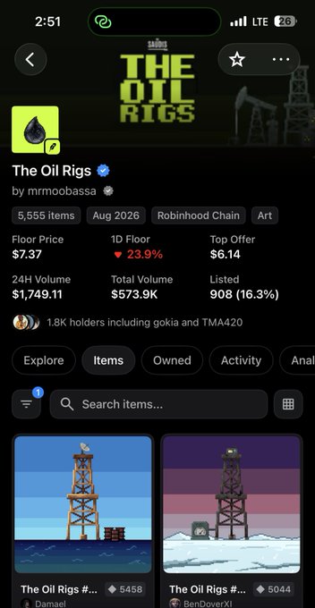 A mobile screenshot of an NFT collection called 'The Oil Rigs' on what appears to be OpenSea, showing a floor price of $7.37, 1D floor down 23.9%, and 5,555 items listed, created by mrmoobassa.