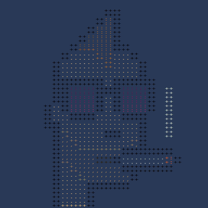An ASCII art character composed of plus signs and dashes forms the pixelated figure against a dark blue background, serving as the visual identity for the "ASCIIIANS" NFT collection with a 10,000 supply launching via public mint on August 24 at $1 each on asciians.xyz.