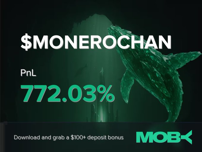 Promotional graphic for Moby highlighting a trader's 772.03% PnL win on $MONEROCHAN, featuring a large green whale against an underwater cityscape backdrop and a $100+ deposit bonus offer at the bottom.