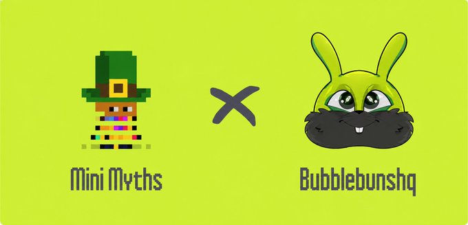 A graphic on a green background showing a collaboration or pairing between 'Mini Myths' (a pixel art character in a green hat) and 'Bubblebunshq' (a green bunny head with a dark beard).