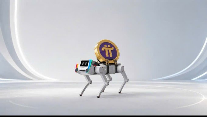 A 3D rendering shows a small robotic quadruped carrying a large Pi Network cryptocurrency coin on its back, set against a curved white studio background.