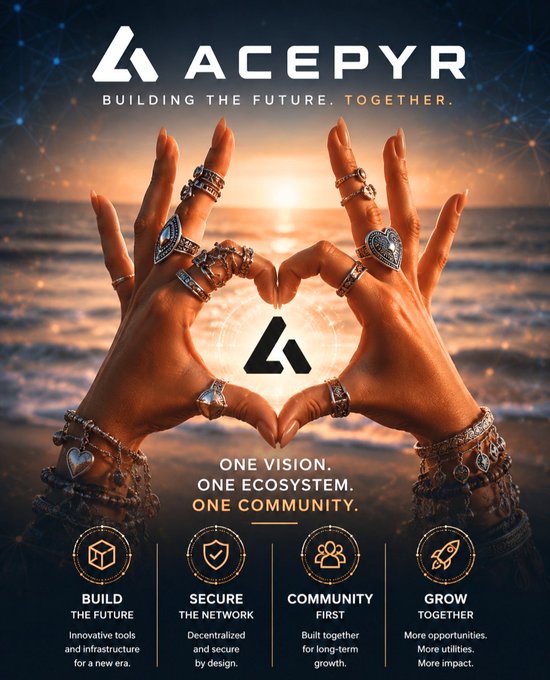 A promotional poster for 'ACEPYR' with the tagline 'BUILDING THE FUTURE. TOGETHER.' featuring two hands making a heart shape against a sunset over the ocean, highlighting four pillars: BUILD, SECURE, COMMUNITY, and GROW.