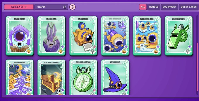 A digital card collection interface displaying various items like 'Arcane Cultist', 'Boltling Tome', 'Memory Box', and 'Burgerbuck Race' against a purple background.