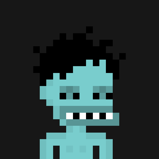 A pixel art illustration of a teal-skinned zombie character with black hair, hollow eyes, and a wide toothy grin against a dark background.