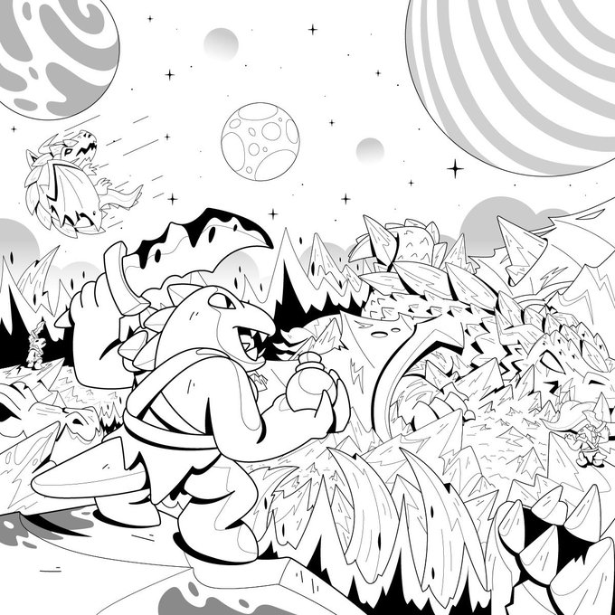 A black-and-white cartoon illustration depicts a Pokémon-like creature with a spiky shell roaring amidst a rocky landscape, with another creature flying in the sky among planets and stars.