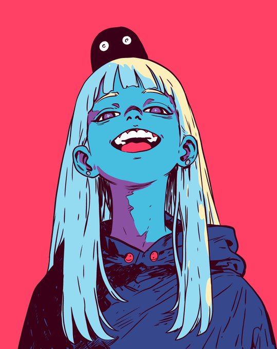 A stylized digital illustration of a smiling girl with long blue and yellow hair against a solid pink background, with a small black creature perched on top of her head.