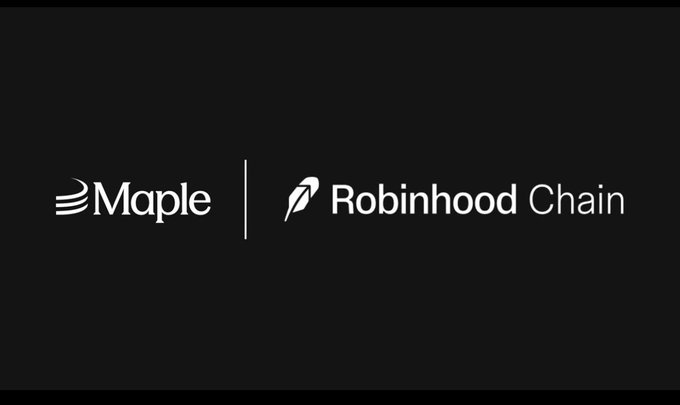 A black graphic displaying the logos and names 'Maple' and 'Robinhood Chain' side by side.
