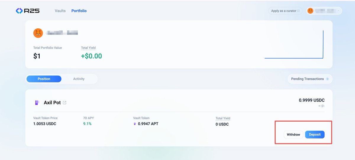The R25 Portfolio page showing Total Portfolio Value of $1 with a flat line graph, displaying an Axil Pot position of 0.9999 USDC (~$1) with a highlighted Deposit/Withdraw button area on the right.