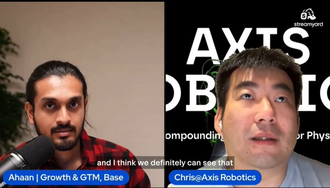 A split-screen video interview features Ahaan from Growth & GTM at Base speaking with Chris from Axis Robotics, with subtitles reading 'and I think we definitely can see that'.