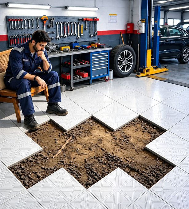 A mechanic in an auto garage sits on a bench, thoughtfully resting his chin on his hand while staring at an unfinished section of white tiled floor exposing dirt beneath, surrounded by organized tools and a car on a lift. The image humorously illustrates the post's question about how many tiles are needed to complete the floor.