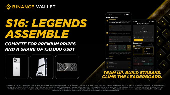 A Binance Wallet promotional banner for 'S16: LEGENDS ASSEMBLE' tournament featuring premium items including an iPhone, PlayStation 5, and graphics card, offering a share of 150,000 USDT in prizes.