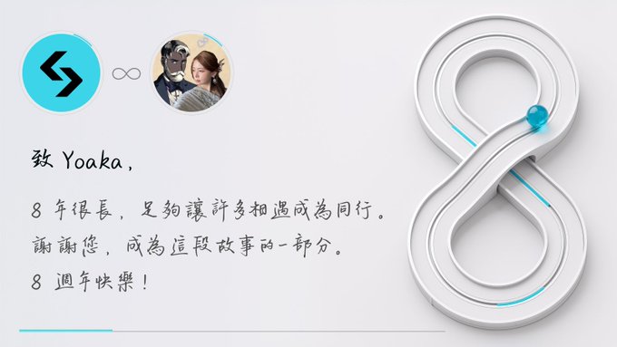 A handwritten Chinese message to 'Yoaka' on a digital card, featuring a photo of a couple and a teal arrow logo, reads: '致 Yoaka, 8年很長，足夠讓許多相遇成為同行。謝謝您，成為這段故事的一部分。8週年快樂！' (8 years is long, enough to make many encounters become companions. Thank you for being part of this story. Happy 8th anniversary!)