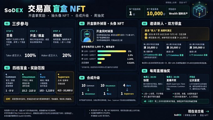 A promotional infographic for SoDEX's Blind Box NFT campaign, featuring Chinese text and outlining rules, reward tiers (Common, Uncommon, Rare, Supreme), and a 10,000 U reward pool.