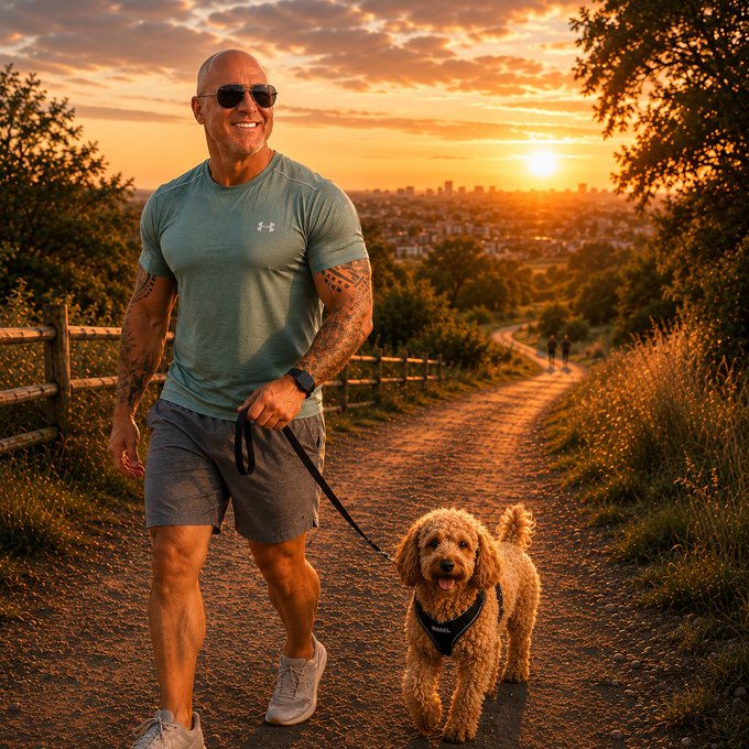 A muscular bald man with sunglasses and tattoos walks a fluffy brown dog on a dirt path at sunset, with a city skyline in the background.